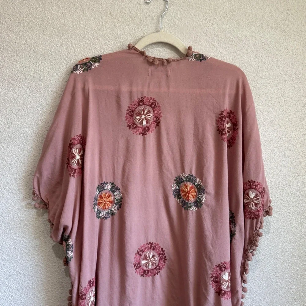 Coldwater Creek Womens Embroidered Mandala Pom Pom Kimono Wrap Cardigan One Size